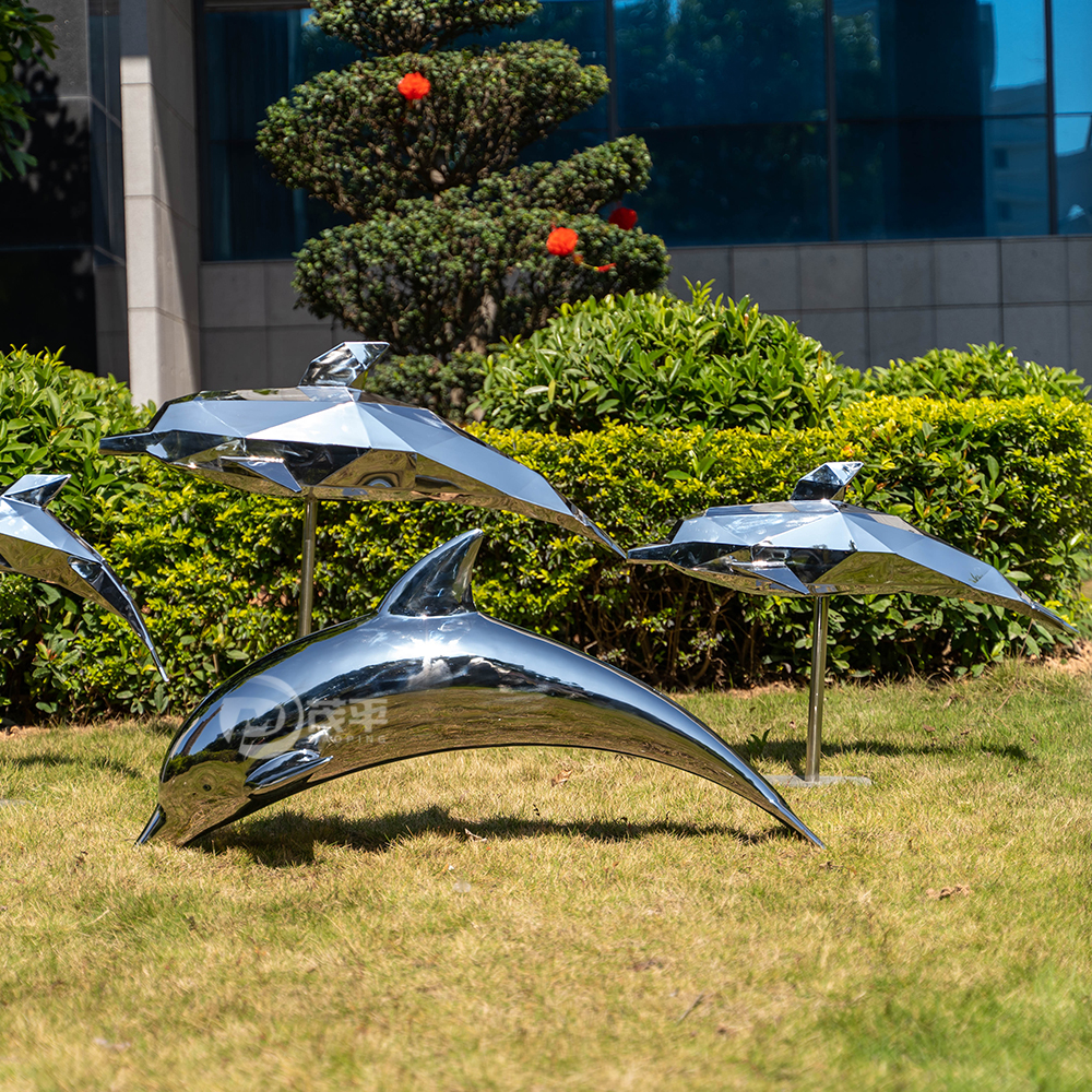 Creative metal geometry dolphin sculpture water feature stainless steel sculpture MP-O0025