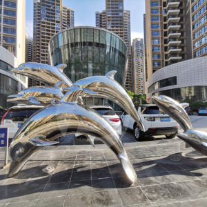 Metal Art Dolphin Ornament Stainless Steel Dolphin Sculpture Figurine Outdoor Landscape MP-O0118