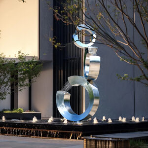 Stainless Steel Outdoor Sculpture with Water Feature – Modern Art Installation