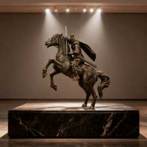 Bronze-Style Fiberglass Warrior on Horseback Sculpture | Heroic Equestrian Statue for Interior Décor