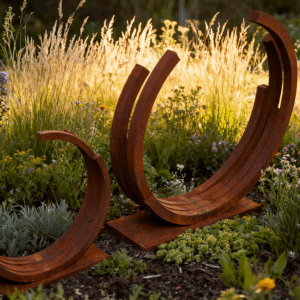 Corten Steel Poolside Sculpture – Crescent Arc Metal Art for Outdoor Landscapes