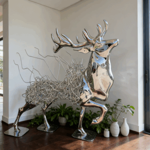 Modern Stainless Steel Stag Sculpture for Interior Decor – Mirror Polished & Wire Art Design