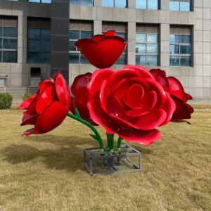 Large Red Rose Stainless Steel Sculpture for Outdoor Public Art & Commercial Landscapes