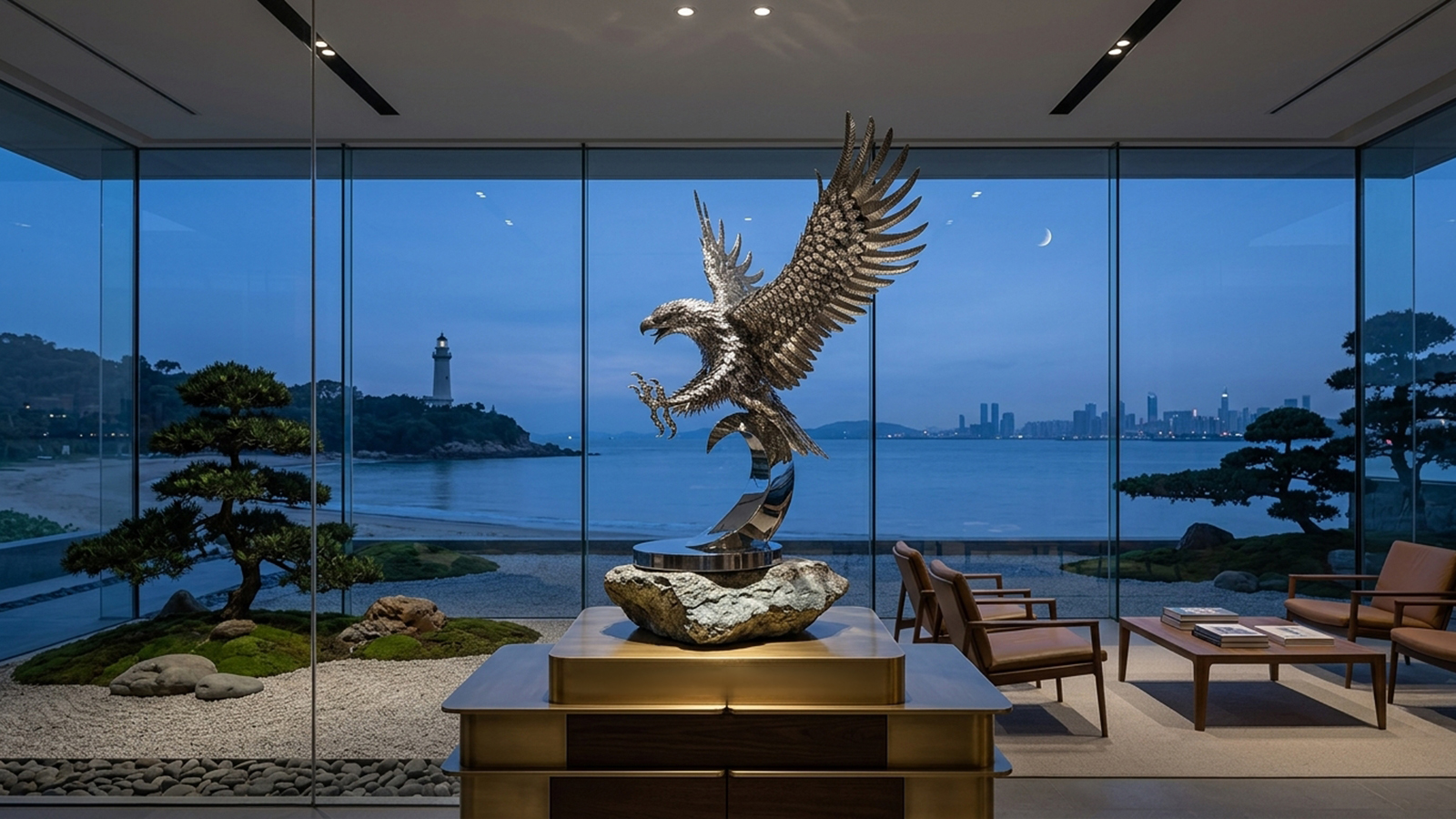 Mirror-polished stainless steel eagle sculpture with detailed spread wings for luxury hotel, commercial and interior decoration.